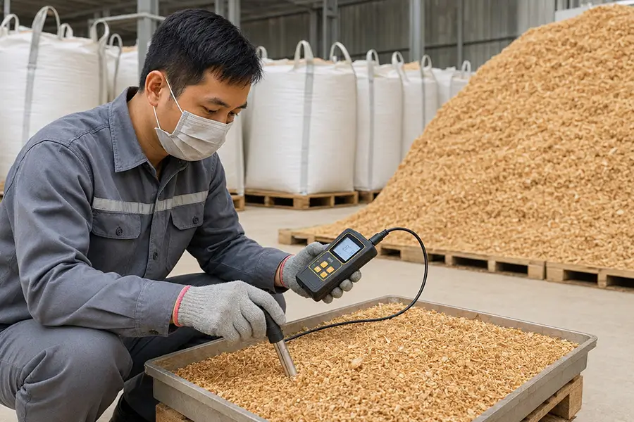 Nhân viên kiểm tra độ ẩm mùn cưa trước khi nhập kho