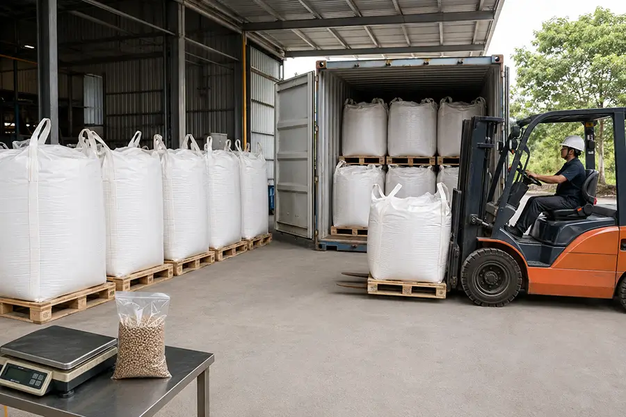 Viên nén gỗ được đóng gói và vận chuyển phục vụ xuất khẩu
